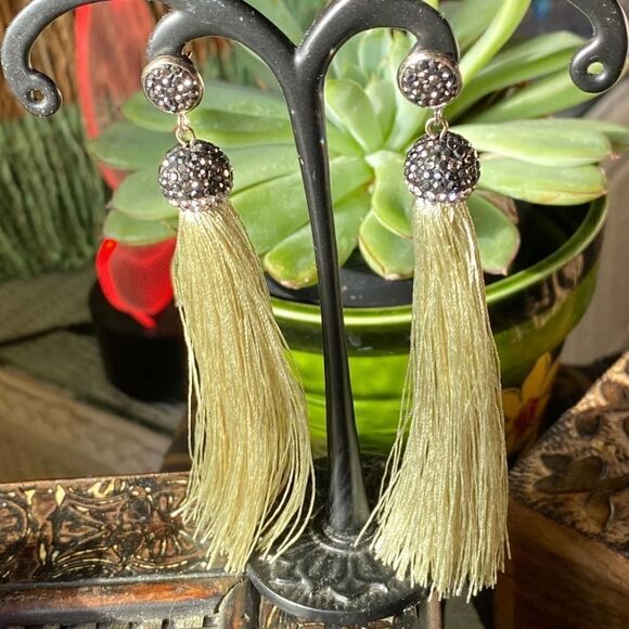 Tassel Shimmer Green & Austrian Crystal Earrings - Picture 6 of 7